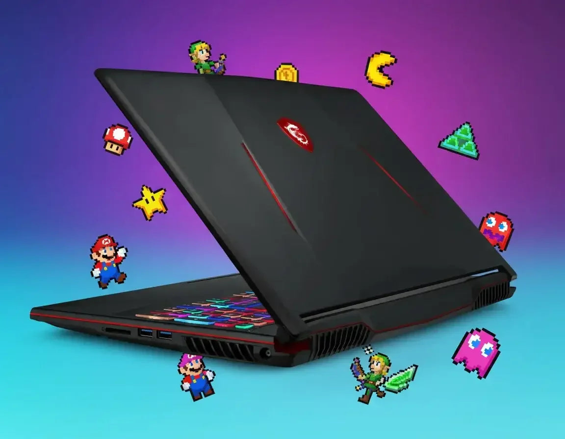 Black gaming laptop with colorful backlit keys and retro video game graphics floating around