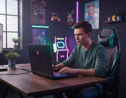 Gamer on laptop in gaming room with neon lights, arcade machine, and Mario posters