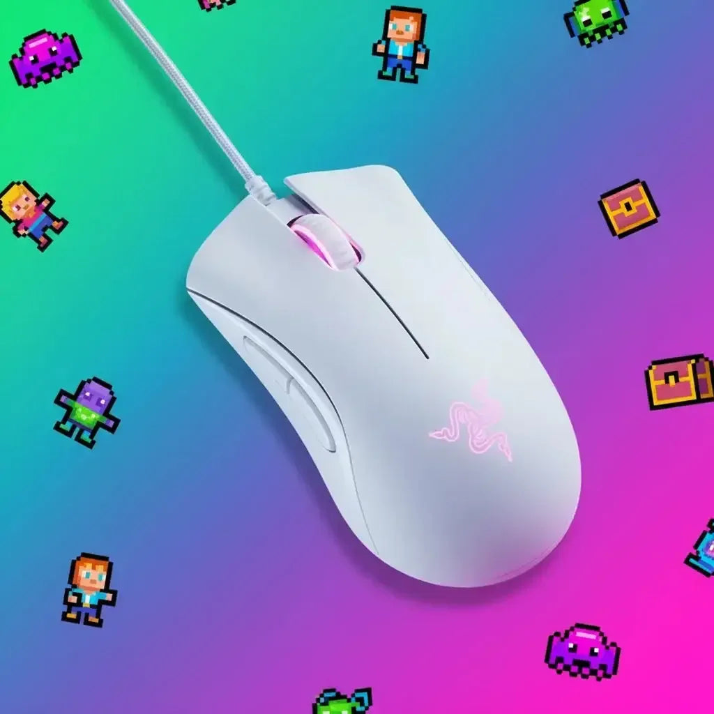 White gaming mouse with RGB lighting on gradient background and pixel art characters