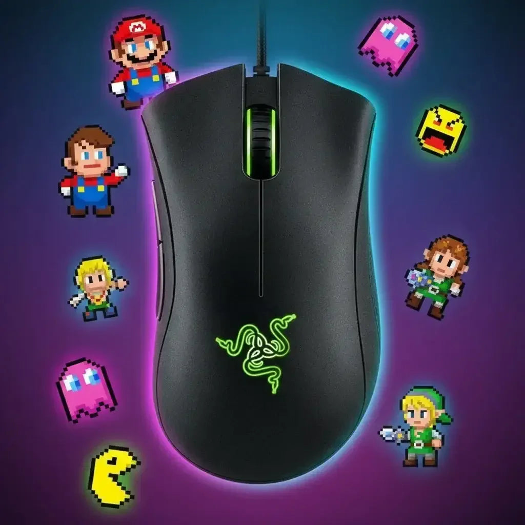 Gaming mouse with neon glow surrounded by pixel art video game characters and icons.