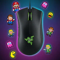 Gaming mouse with neon glow surrounded by pixel art video game characters and icons.
