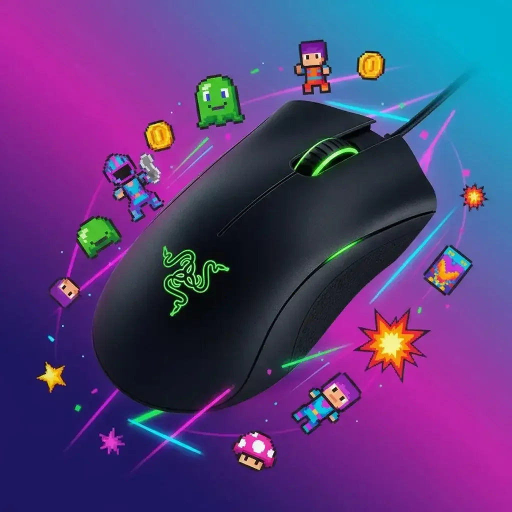 Black Razer gaming mouse with green LED, surrounded by colorful pixel art game icons