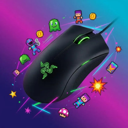 Black Razer gaming mouse with green LED, surrounded by colorful pixel art game icons