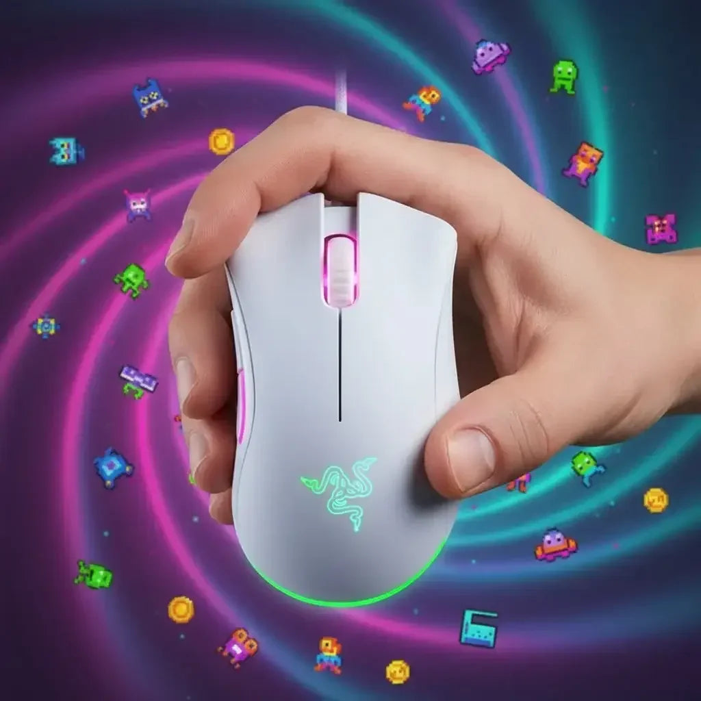 Hand holding white Razer gaming mouse with RGB lighting, colorful retro pixel art background