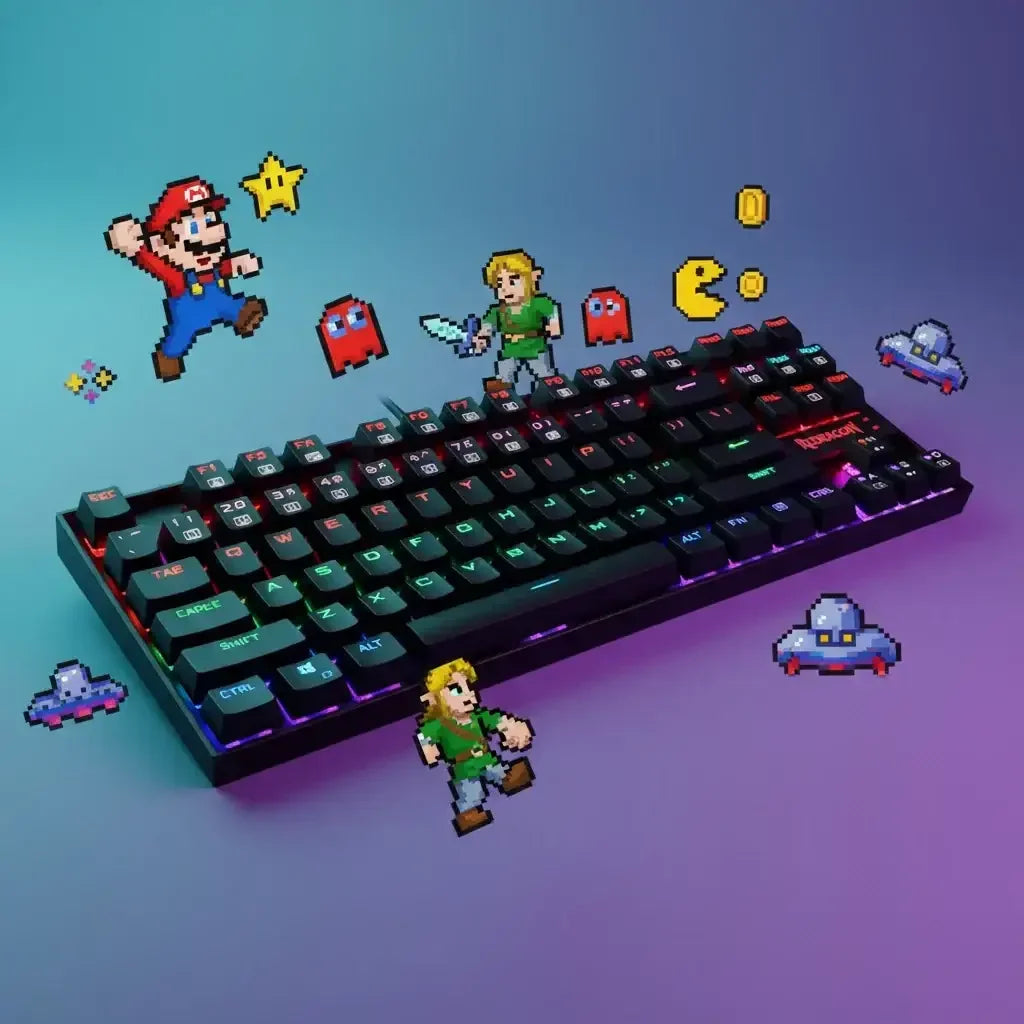 RGB gaming keyboard with colorful retro video game pixel art characters on gradient background