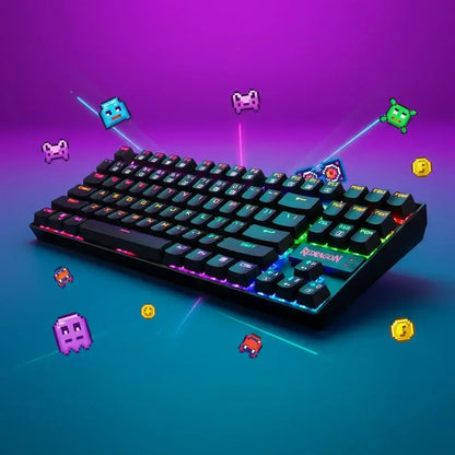 RGB mechanical gaming keyboard with pixel art icons and vibrant neon background