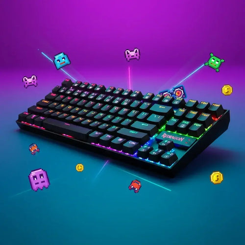 RGB mechanical gaming keyboard with pixel art icons and vibrant neon background