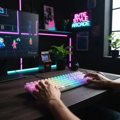 Person gaming at RGB keyboard and monitor in neon-lit arcade-themed room