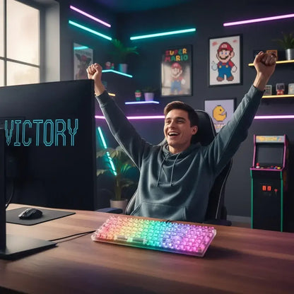 Gamer celebrating victory at computer desk with RGB keyboard in neon-lit gaming room