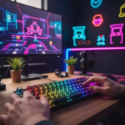 Gamer hands on RGB keyboard, neon gaming setup, monitor with retro game, desk plants