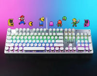 Retro gaming themed RGB mechanical keyboard with pixel art characters on a gradient background