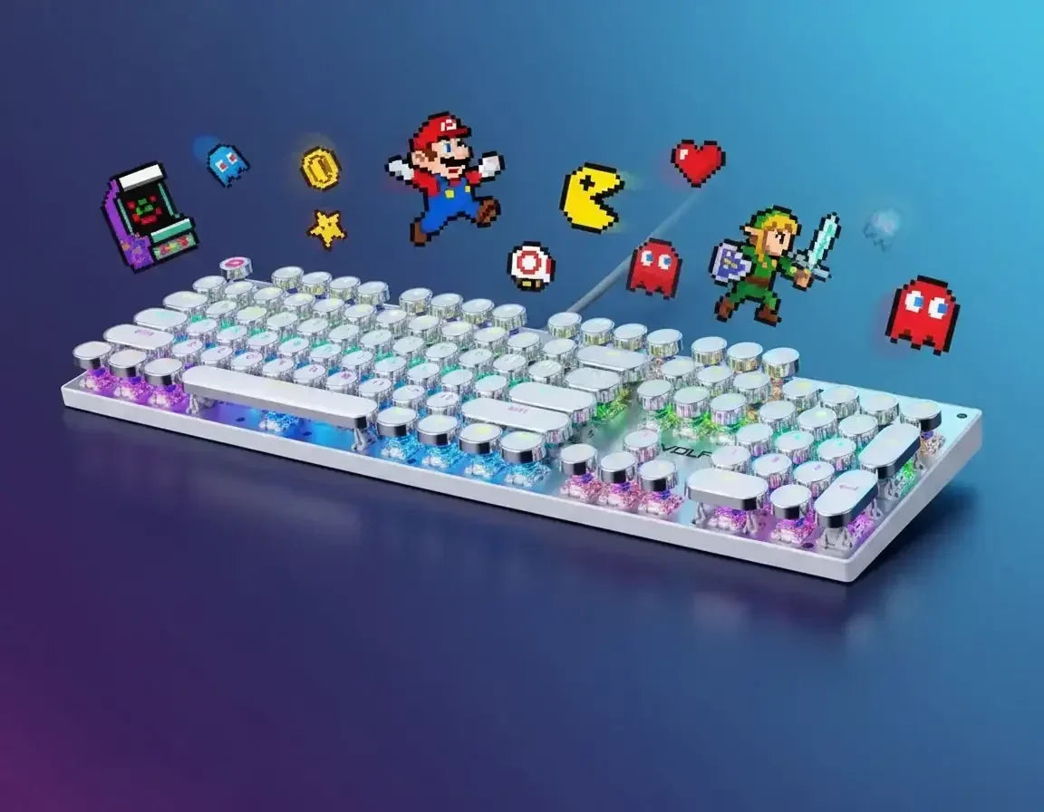 Retro gaming keyboard with RGB lighting and pixel art characters on blue background