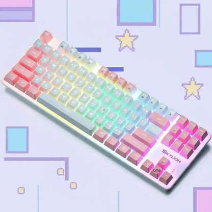 RGB pastel mechanical keyboard on a purple pixel art background with stars and squares