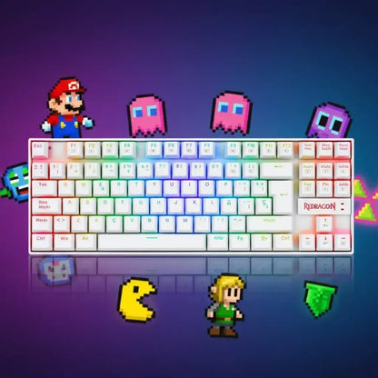 White RGB Redragon gaming keyboard with pixel art video game characters on gradient background