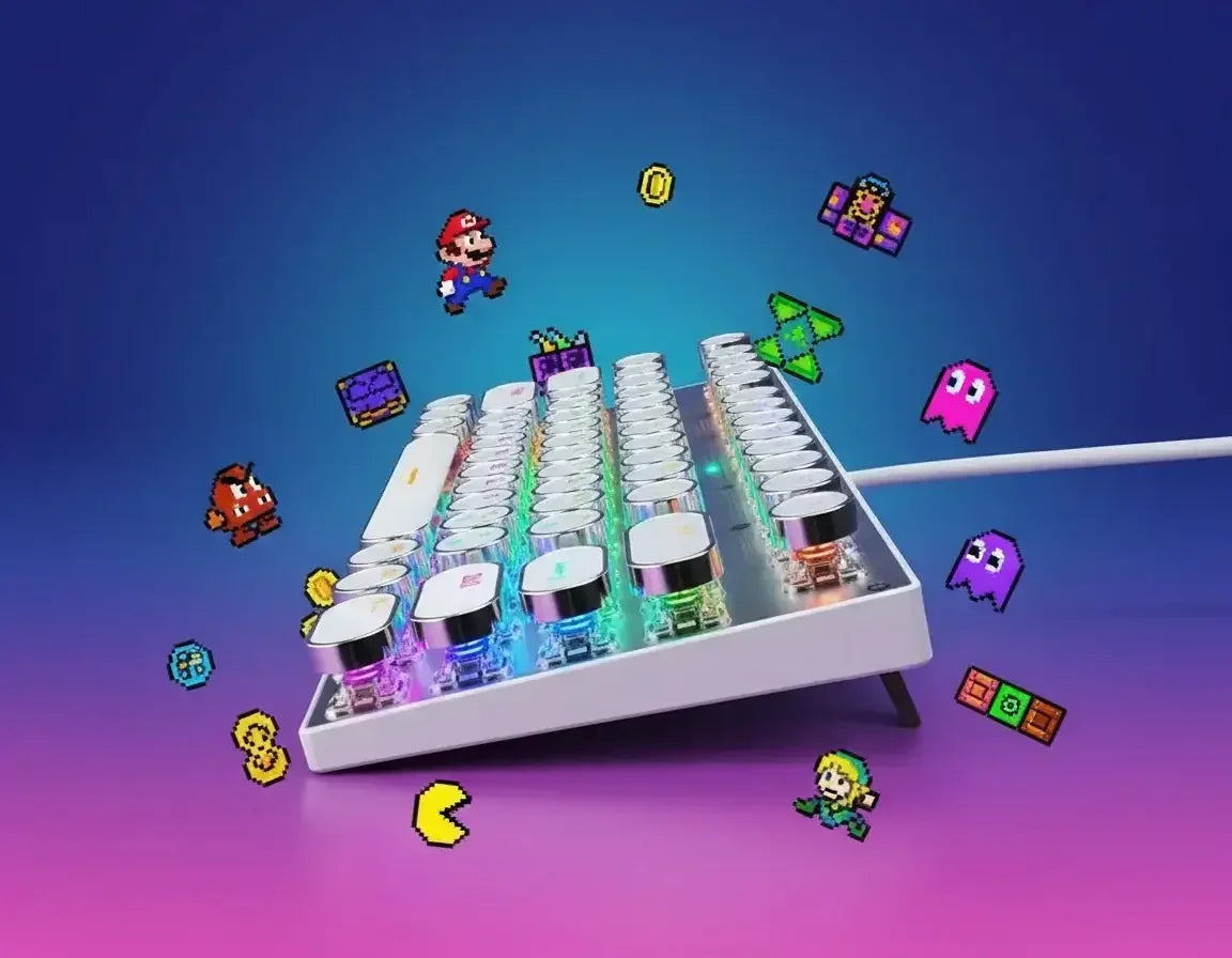 RGB mechanical keyboard with round keycaps and retro video game pixel characters on gradient background