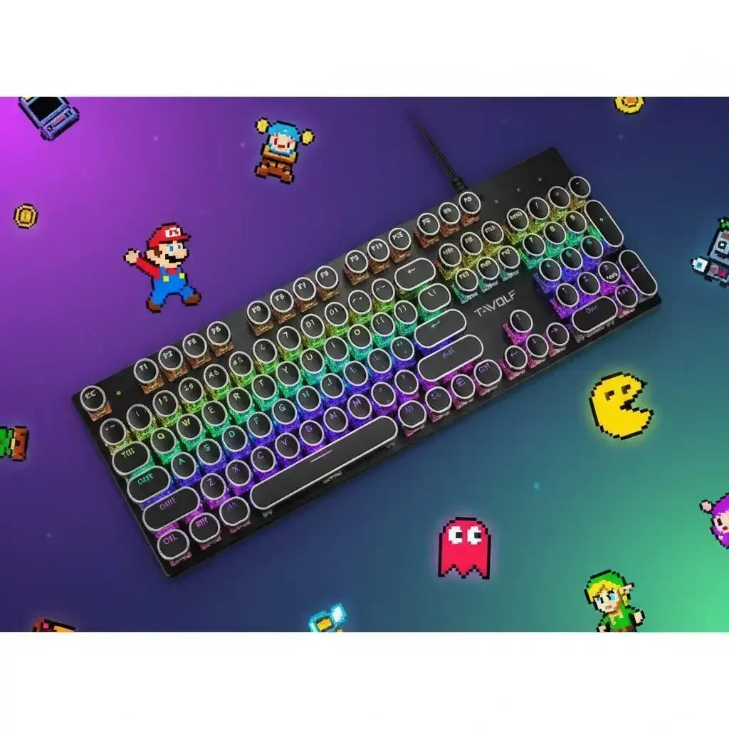 RGB mechanical gaming keyboard with round keys and retro video game characters on a purple background