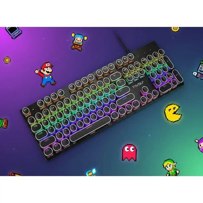 RGB mechanical gaming keyboard with round keys and retro video game characters on a purple background