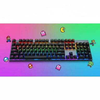 RGB mechanical gaming keyboard with colorful retro pixel art characters on a gradient background