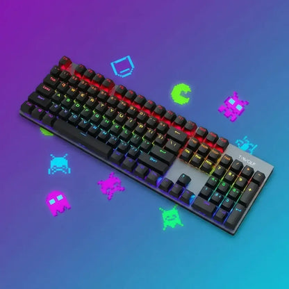 RGB mechanical gaming keyboard with retro pixel art icons on a colorful background