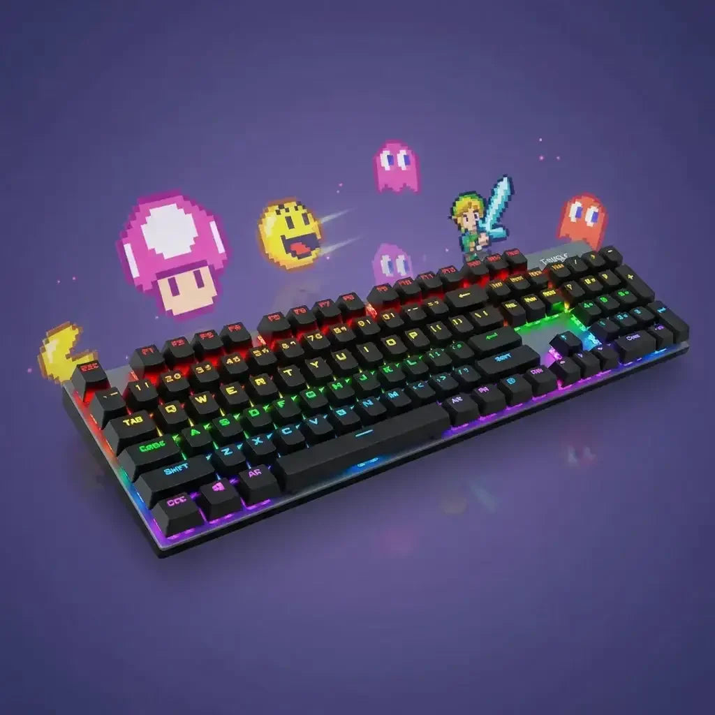 RGB mechanical gaming keyboard with retro pixel art video game characters on purple background