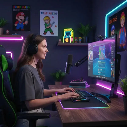 Woman streaming video games at RGB-lit gaming setup with retro game posters on wall.