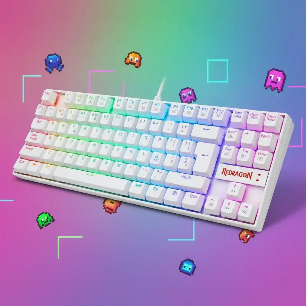 Redragon white RGB mechanical gaming keyboard with pixel art characters on a colorful gradient background.