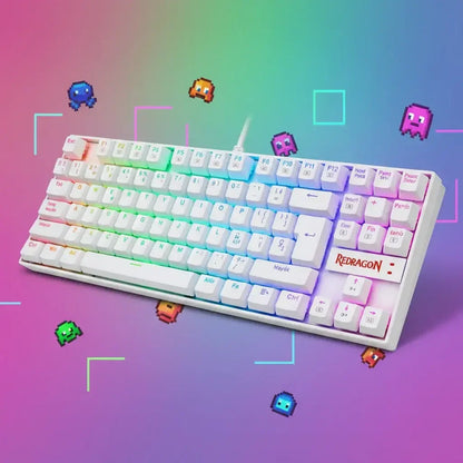 Redragon white RGB mechanical gaming keyboard with pixel art characters on a colorful gradient background.