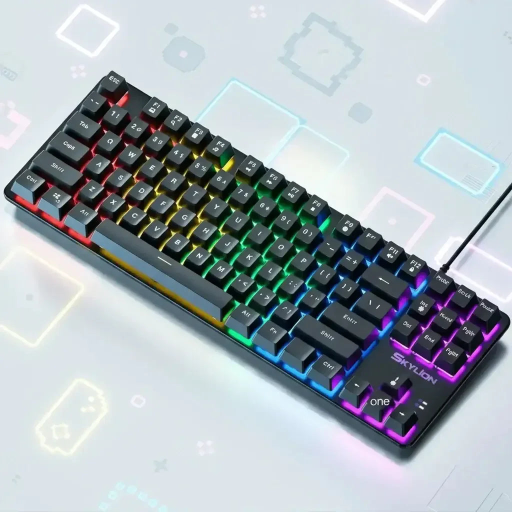 RGB backlit mechanical gaming keyboard with compact layout on a light geometric background