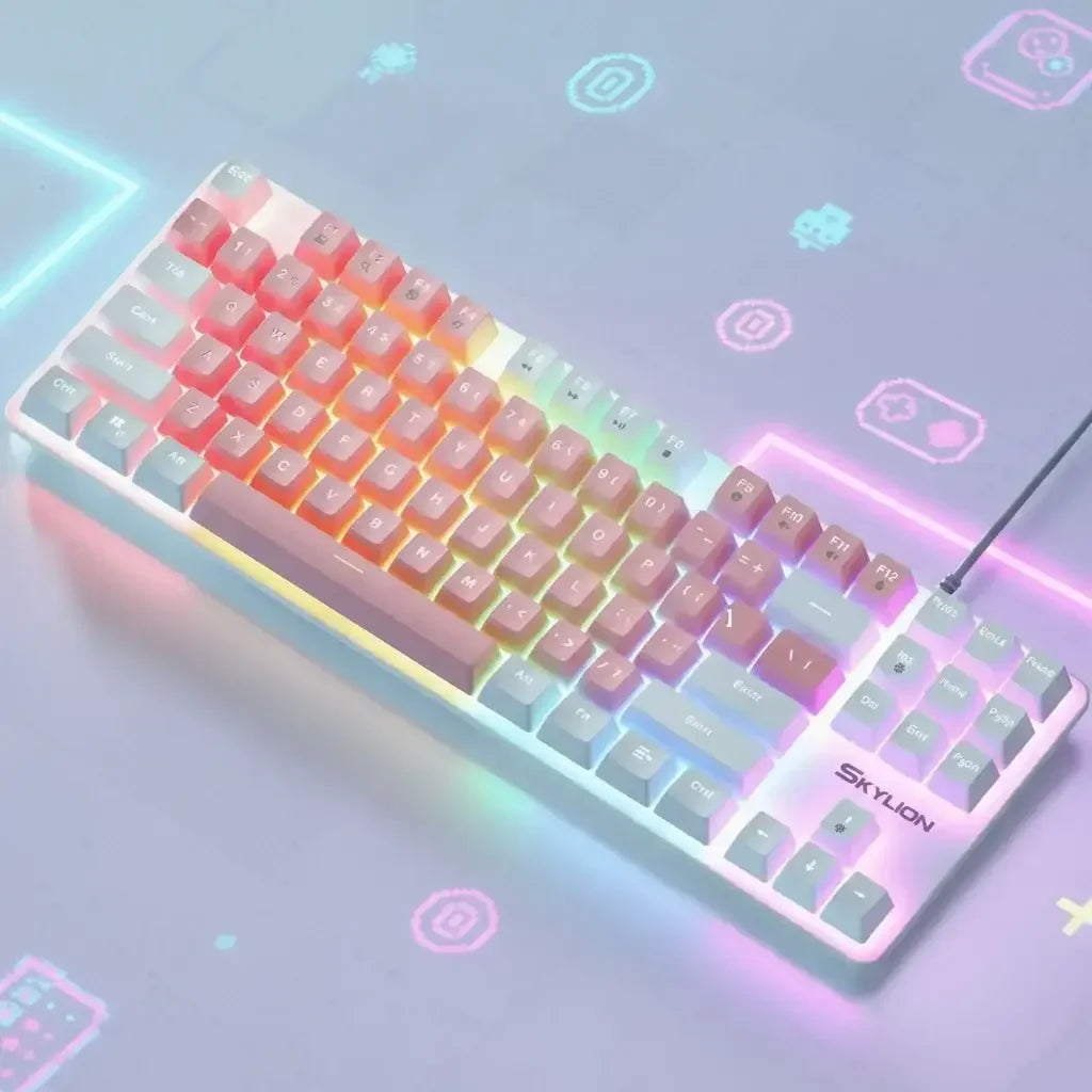 Skyloong RGB mechanical keyboard with pastel keycaps on a glowing gamer desk