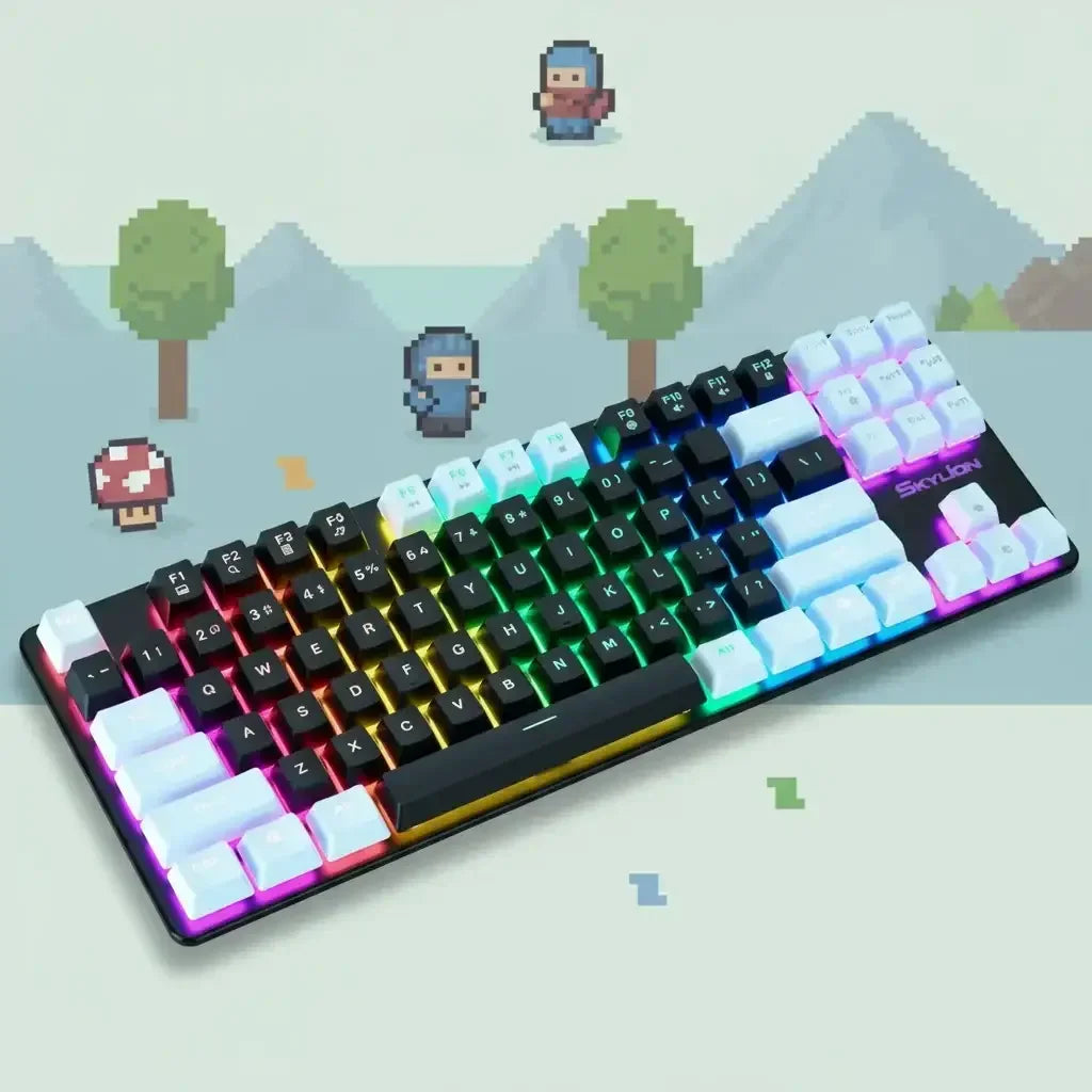 RGB mechanical gaming keyboard with white and black keycaps, pixel art game background