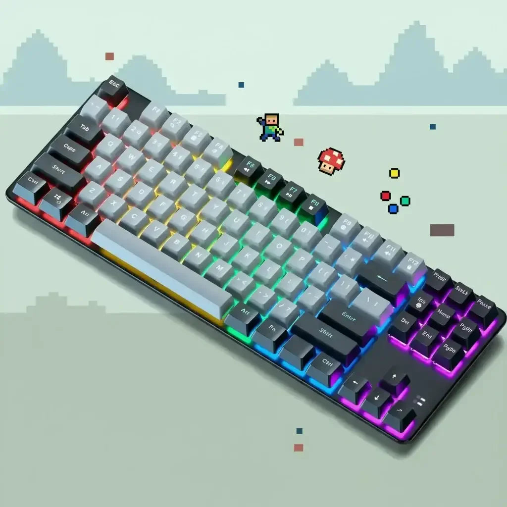 RGB mechanical keyboard with gray keycaps, pixel art characters and gaming background