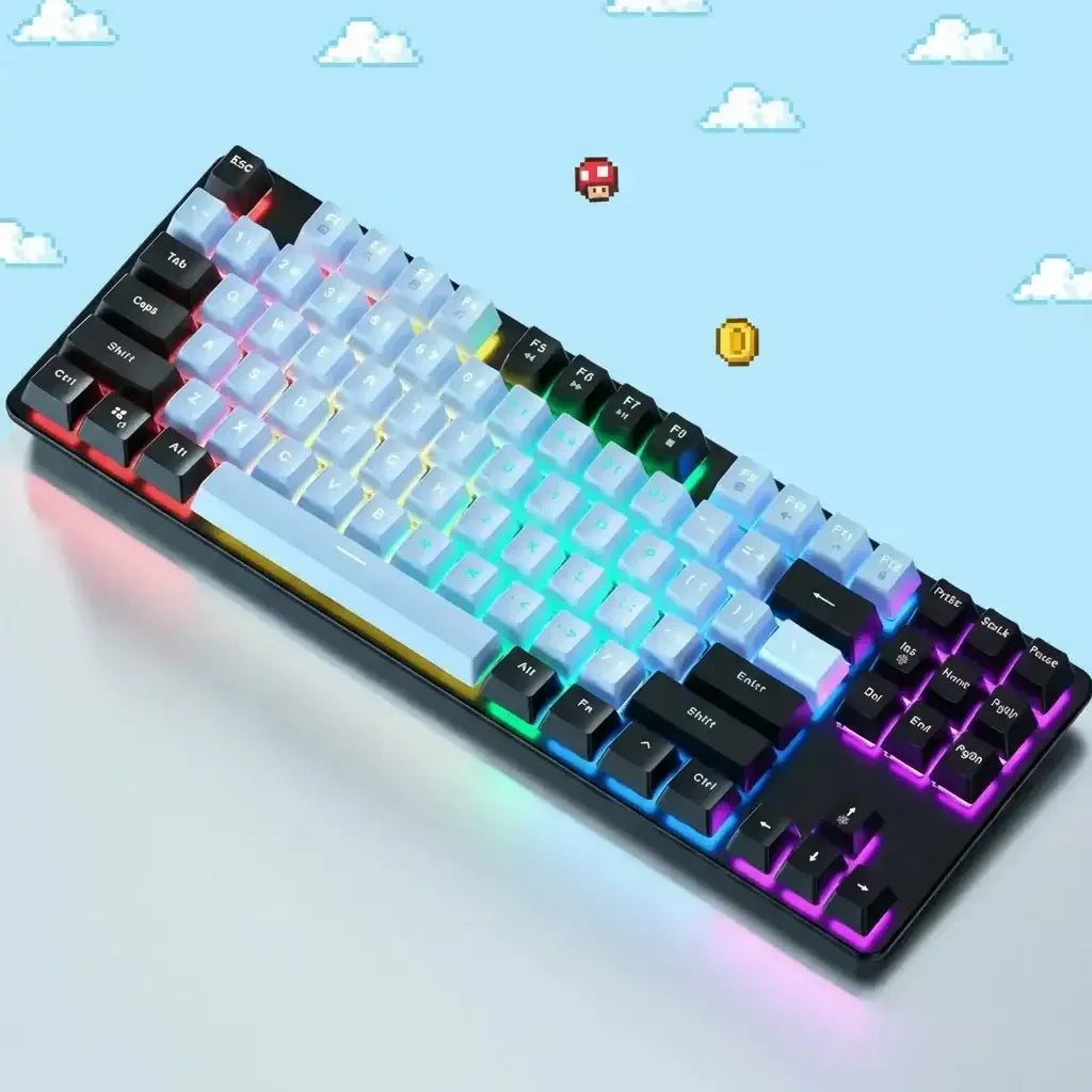RGB mechanical keyboard with pastel keycaps, pixel art sky background with clouds, coin and mushroom