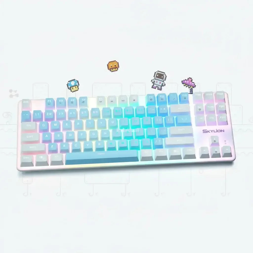 RGB gaming keyboard with pastel keycaps, Skylon branding, and pixel art characters above