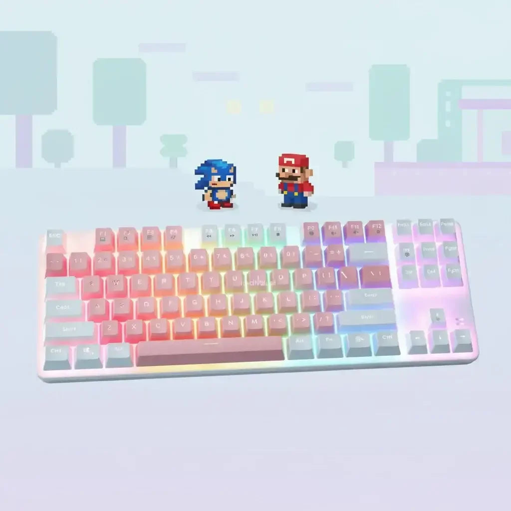 RGB gaming keyboard with pixel art characters and pastel cityscape background