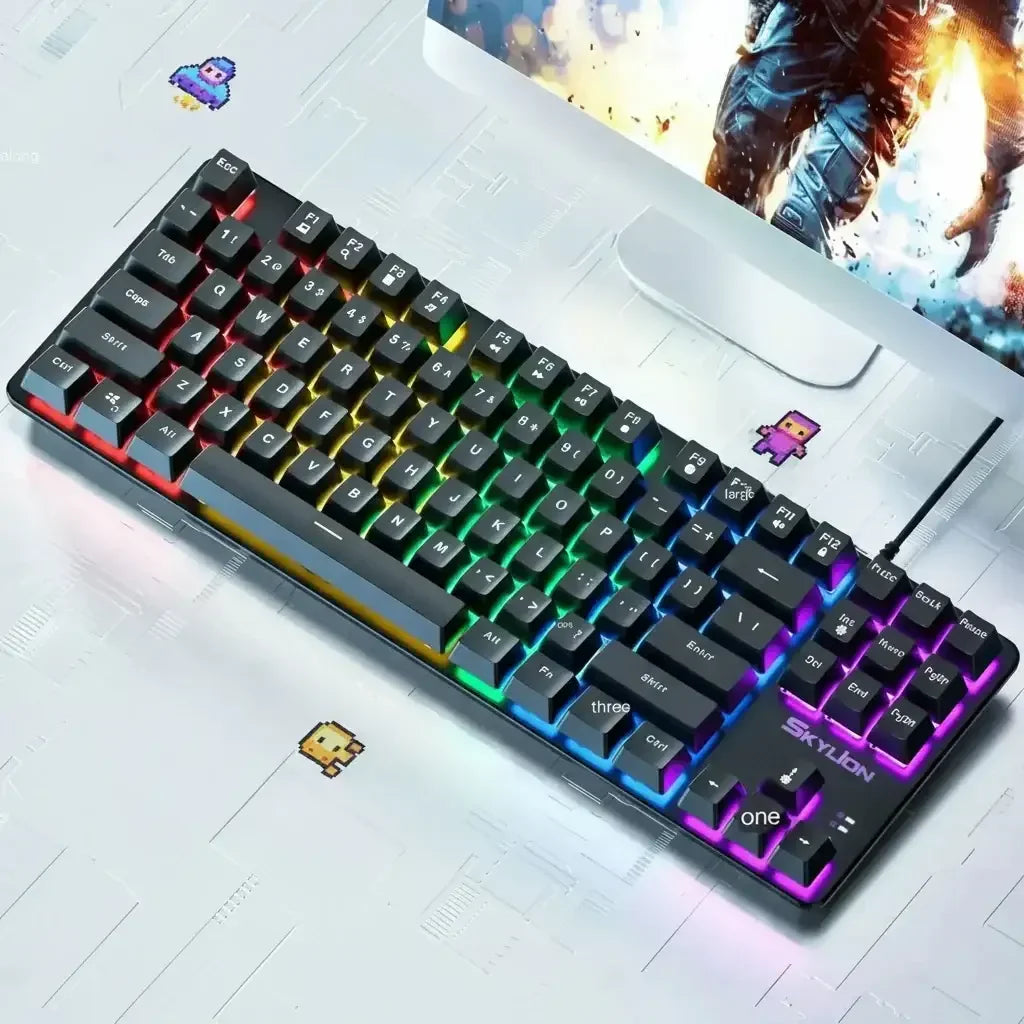 RGB mechanical gaming keyboard with rainbow backlight on a desk, SKYLION brand, near monitor