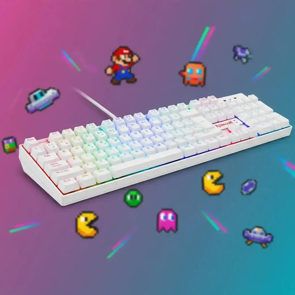 White RGB gaming keyboard with retro pixel art game characters on a colorful gradient background