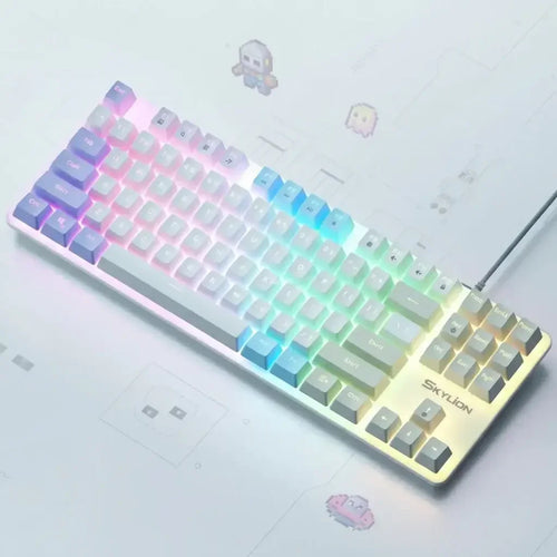 RGB backlit mechanical keyboard SKYLION on white desk with pixel art background