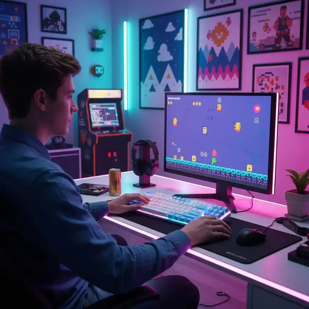 Young man gaming at RGB-lit desk with arcade machine and pixel art posters in modern room