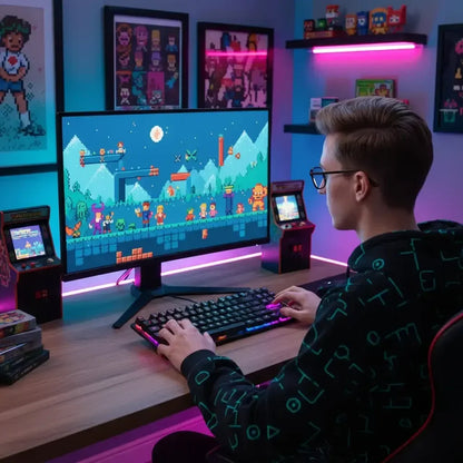 Teen gamer at RGB-lit desk playing pixel art video game on monitor, retro decor, arcade theme.