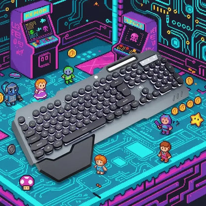 Retro-style round key gaming keyboard on a vibrant pixel art arcade game circuit background