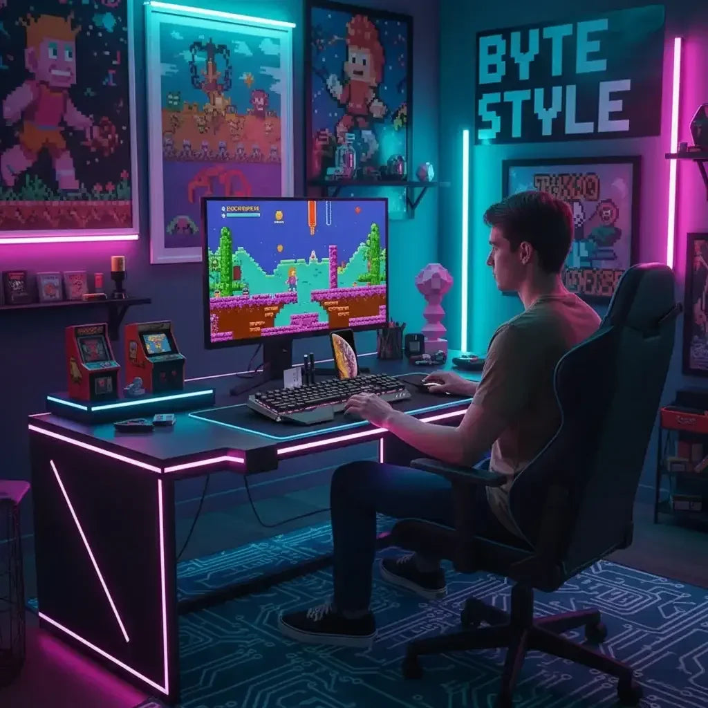 Man gaming at a neon-lit desk with RGB keyboard, retro game posters, and Byte Style branding in a modern gaming room