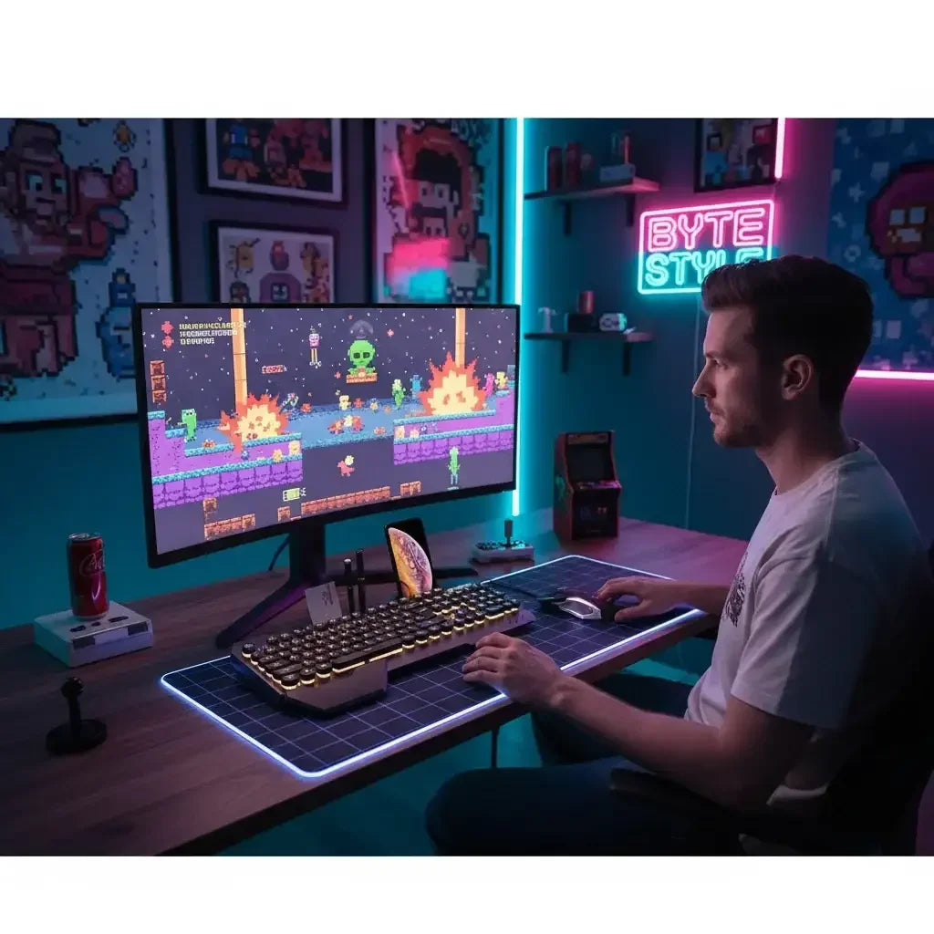Man gaming on curved monitor with retro pixel art game, mechanical keyboard, mouse in neon-lit Byte Style gaming room