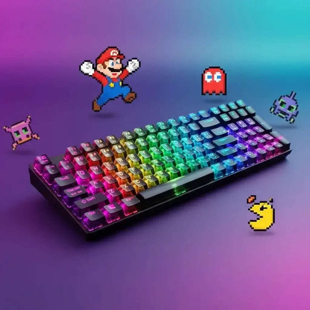 RGB mechanical gaming keyboard with retro pixel video game characters on purple background