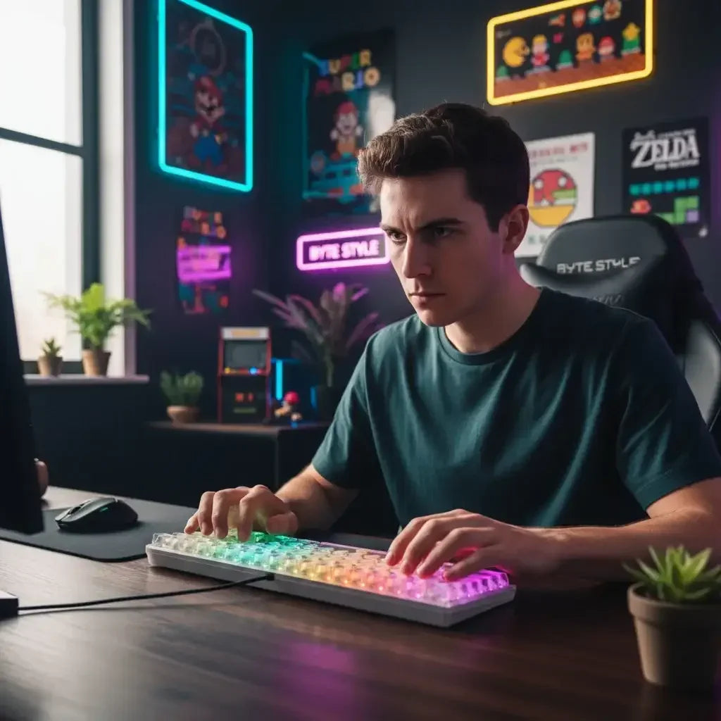 Young man gaming at a desk with RGB keyboard in neon-lit retro gaming room