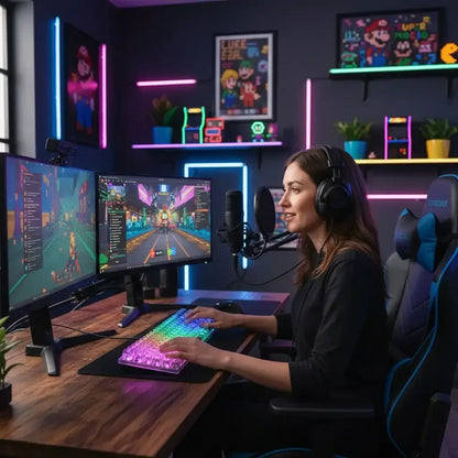 Female gamer streaming at RGB-lit gaming setup with dual monitors and gaming chair