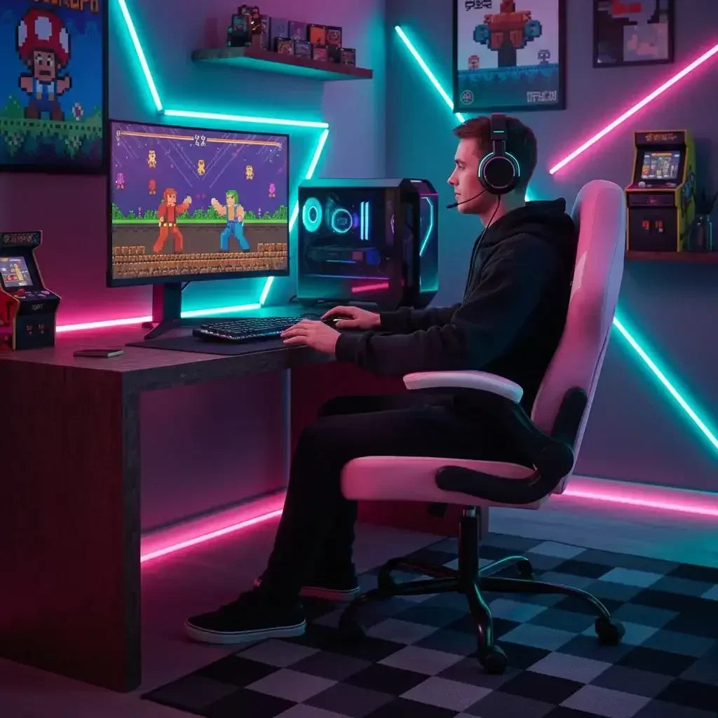 Gamer at RGB-lit desk playing retro video game, surrounded by arcade decor and gaming PC.