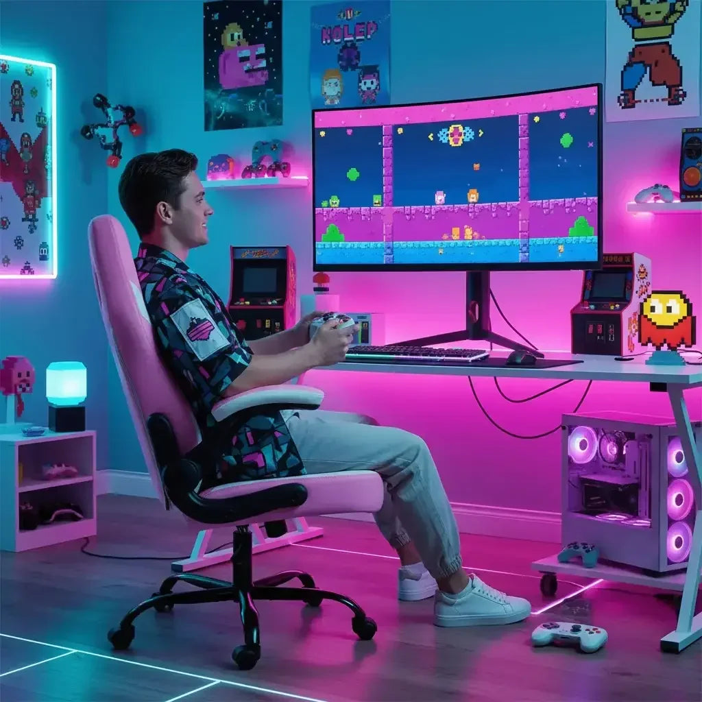 Young man gaming at RGB-lit desk setup with pixel art decor and large curved monitor