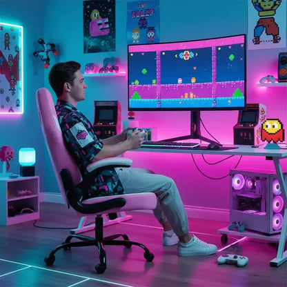 Young man gaming at RGB-lit desk setup with pixel art decor and large curved monitor