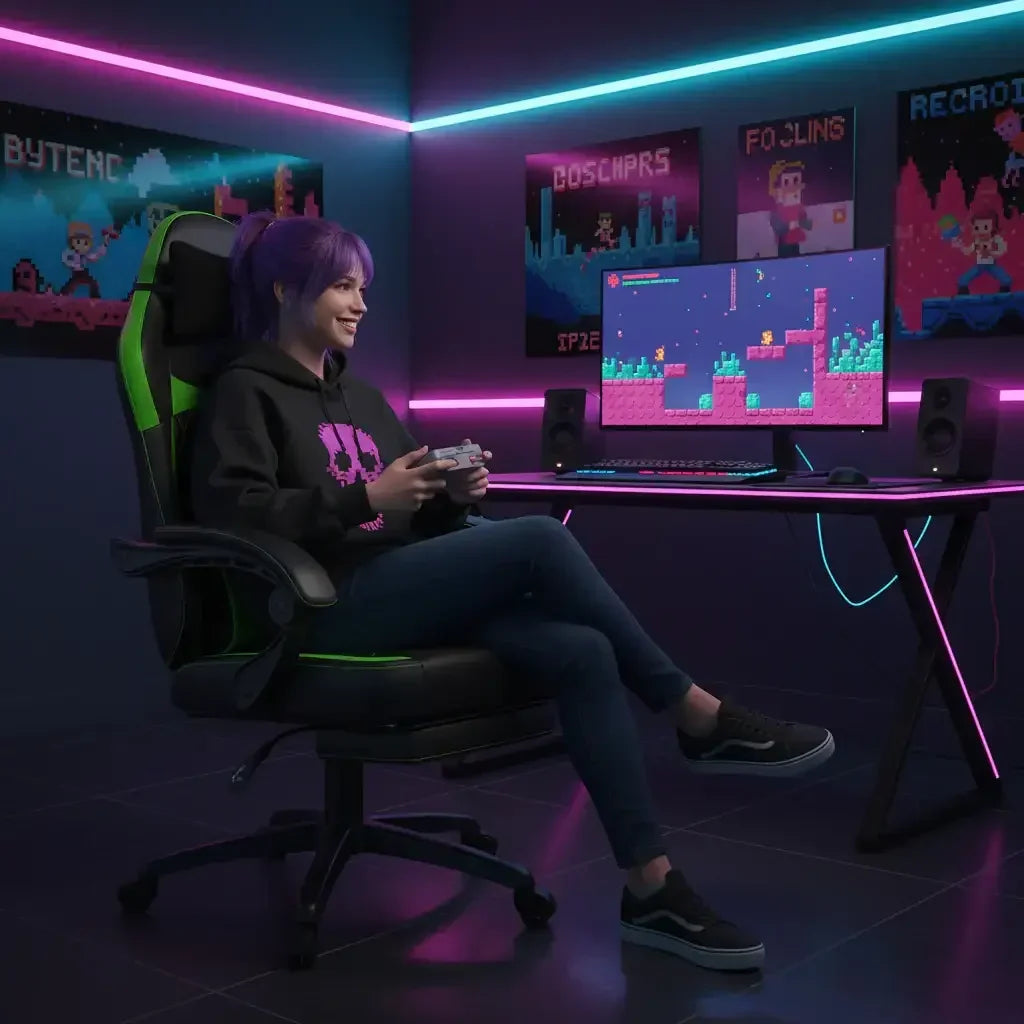 Young woman with purple hair playing pixel art video game on desktop in neon-lit gaming room