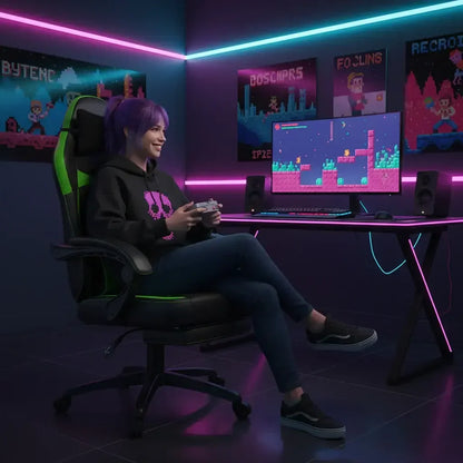 Young woman with purple hair playing pixel art video game on desktop in neon-lit gaming room